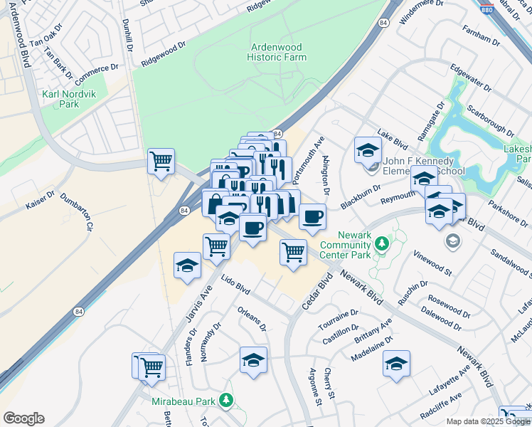 map of restaurants, bars, coffee shops, grocery stores, and more near 35040 Newark Boulevard in Newark