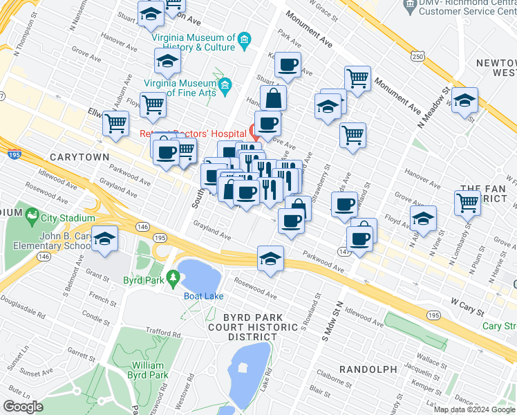 map of restaurants, bars, coffee shops, grocery stores, and more near 28 South Davis Avenue in Richmond