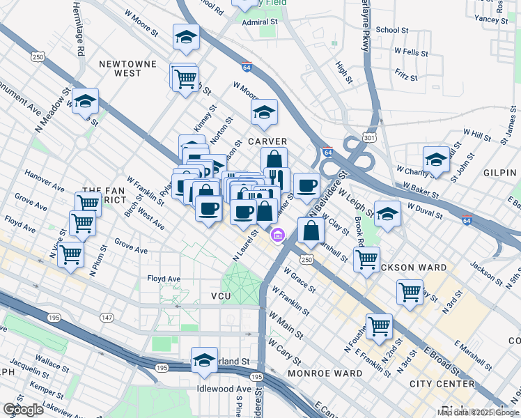 map of restaurants, bars, coffee shops, grocery stores, and more near 909 West Marshall Street in Richmond