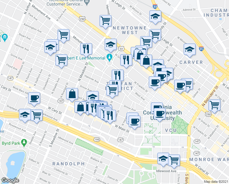 map of restaurants, bars, coffee shops, grocery stores, and more near 1621 Hanover Avenue in Richmond