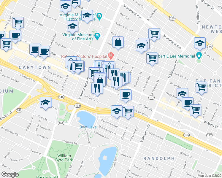 map of restaurants, bars, coffee shops, grocery stores, and more near 2512 West Cary Street in Richmond