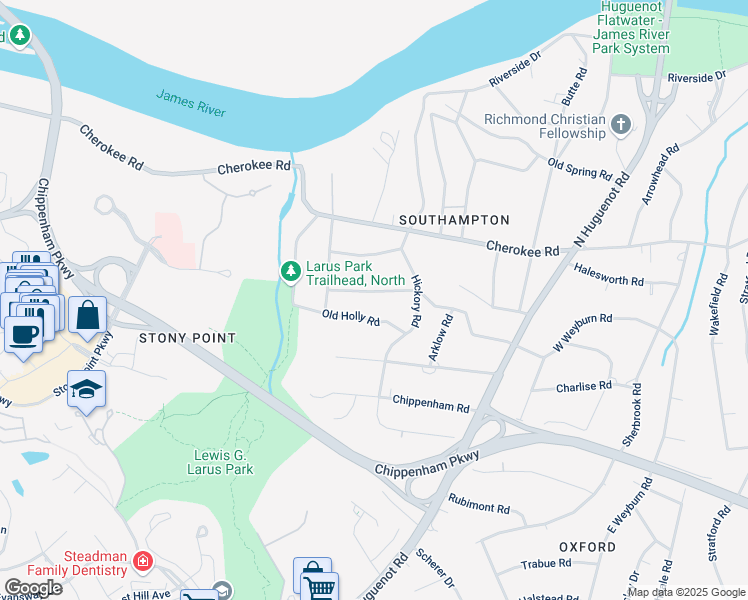 map of restaurants, bars, coffee shops, grocery stores, and more near 8918 Elm Road in Richmond