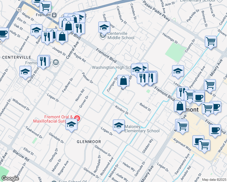 map of restaurants, bars, coffee shops, grocery stores, and more near 38265 Corrigan Court in Fremont