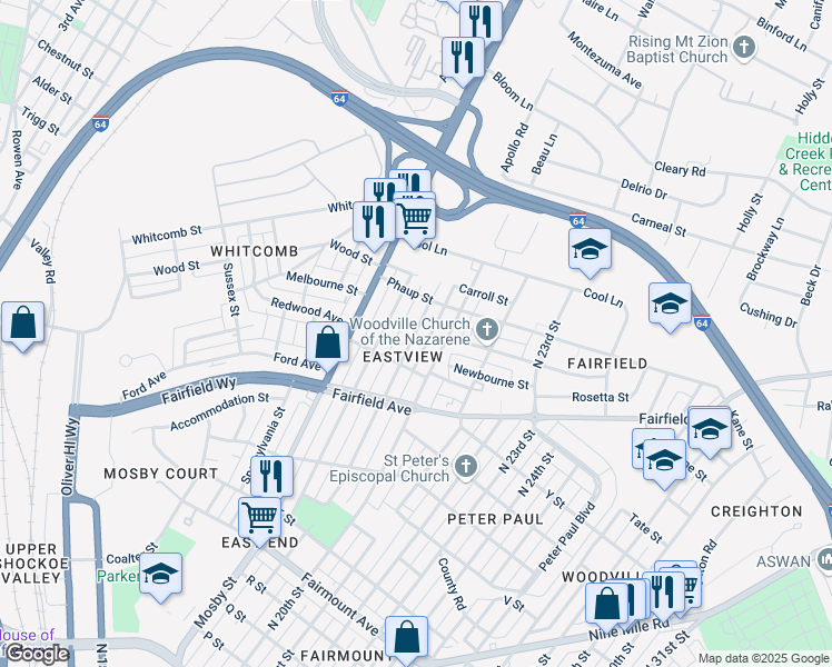 map of restaurants, bars, coffee shops, grocery stores, and more near 1801 North 19th Street in Richmond