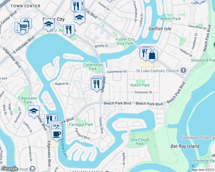 map of restaurants, bars, coffee shops, grocery stores, and more near 1025 Shell Boulevard in Foster City