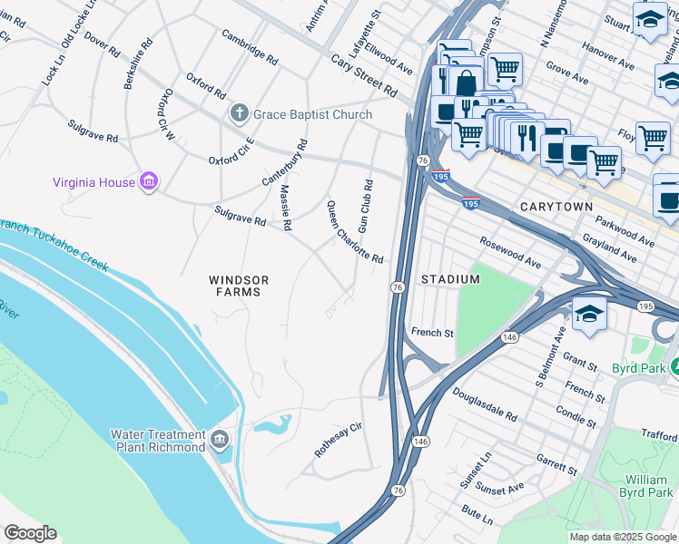 map of restaurants, bars, coffee shops, grocery stores, and more near 3804 Sulgrave Road in Richmond