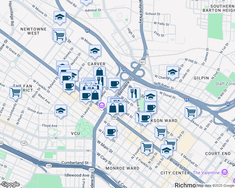 map of restaurants, bars, coffee shops, grocery stores, and more near N Belvidere St & W Clay St in Richmond