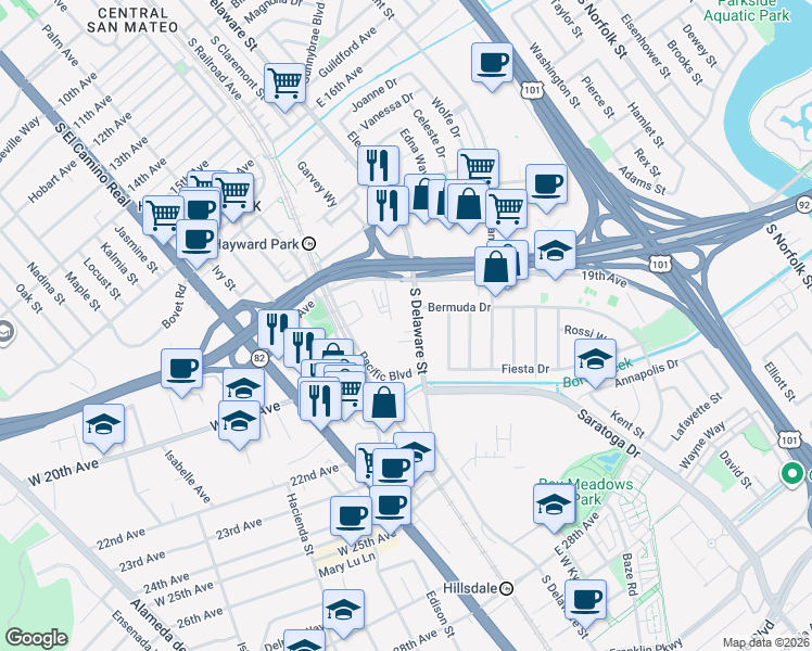map of restaurants, bars, coffee shops, grocery stores, and more near 2000 South Delaware Street in San Mateo