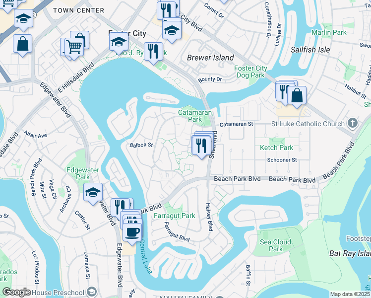 map of restaurants, bars, coffee shops, grocery stores, and more near 976 Vasco Da Gama Lane in Foster City