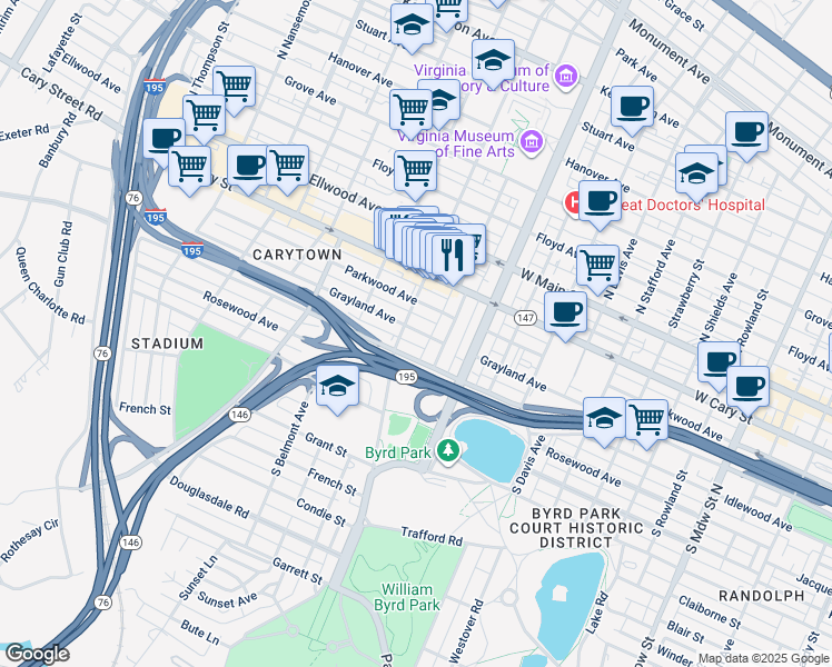 map of restaurants, bars, coffee shops, grocery stores, and more near 2915 Grayland Avenue in Richmond
