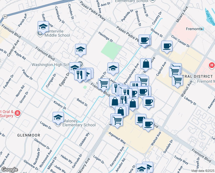 map of restaurants, bars, coffee shops, grocery stores, and more near 3939 Monroe Avenue in Fremont