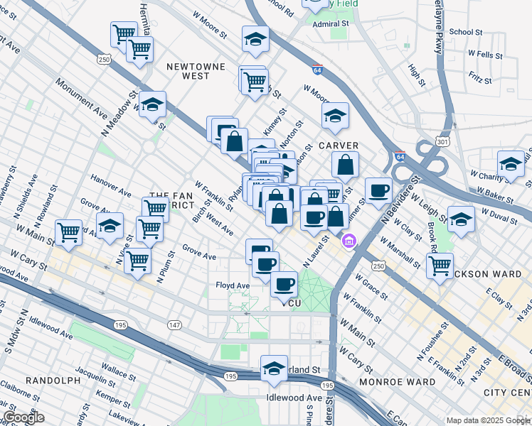 map of restaurants, bars, coffee shops, grocery stores, and more near 935 W Grace St in Richmond