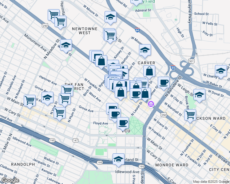 map of restaurants, bars, coffee shops, grocery stores, and more near 406 Shafer Street in Richmond