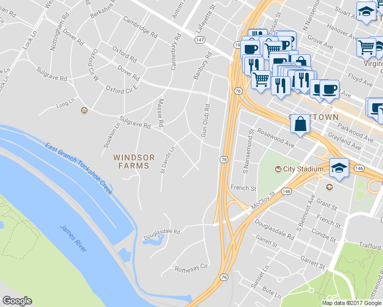 map of restaurants, bars, coffee shops, grocery stores, and more near 3804 Sulgrave Road in Richmond