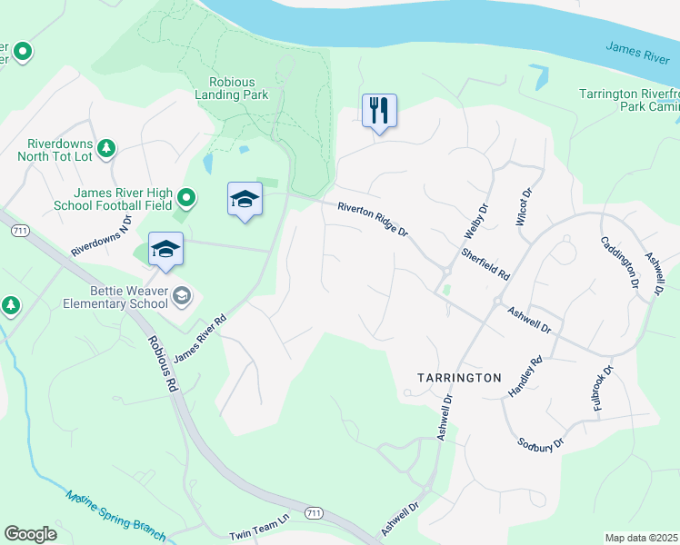 map of restaurants, bars, coffee shops, grocery stores, and more near 13509 Raftersridge Court in Midlothian