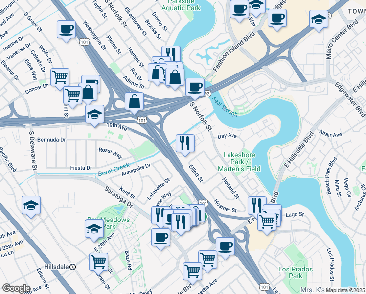 map of restaurants, bars, coffee shops, grocery stores, and more near 220 Waters Park Circle in San Mateo