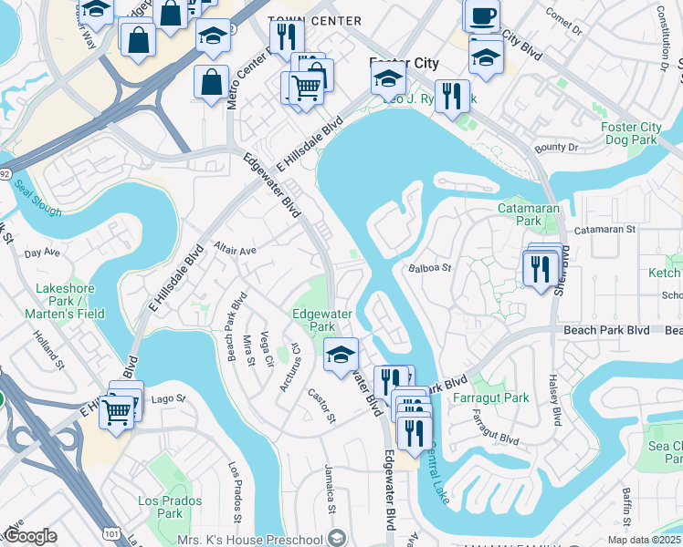 map of restaurants, bars, coffee shops, grocery stores, and more near 810 Perseus Lane in Foster City
