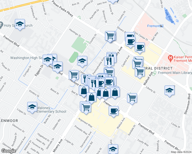 map of restaurants, bars, coffee shops, grocery stores, and more near 3593 Mowry Avenue in Fremont