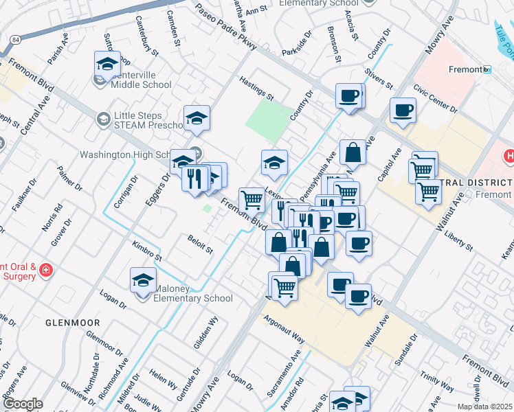 map of restaurants, bars, coffee shops, grocery stores, and more near 3939 Monroe Avenue in Fremont