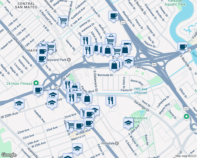 map of restaurants, bars, coffee shops, grocery stores, and more near 484 Bermuda Drive in San Mateo