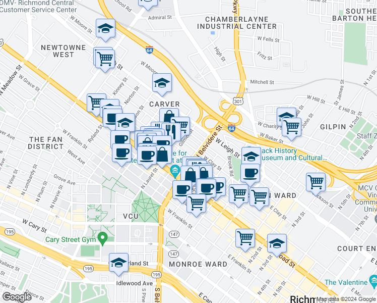 map of restaurants, bars, coffee shops, grocery stores, and more near 711 West Clay Street in Richmond