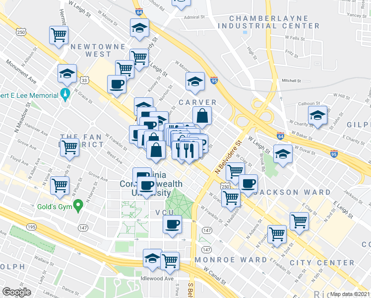 map of restaurants, bars, coffee shops, grocery stores, and more near 909 West Marshall Street in Richmond