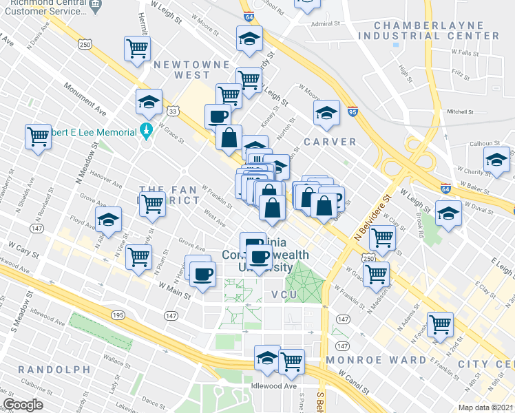 map of restaurants, bars, coffee shops, grocery stores, and more near 934 West Grace Street in Richmond