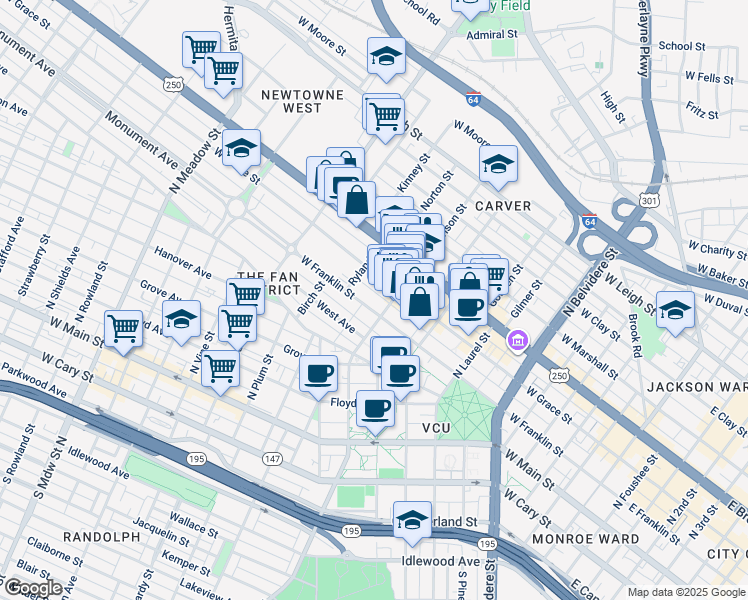 map of restaurants, bars, coffee shops, grocery stores, and more near 1011 West Grace Street in Richmond