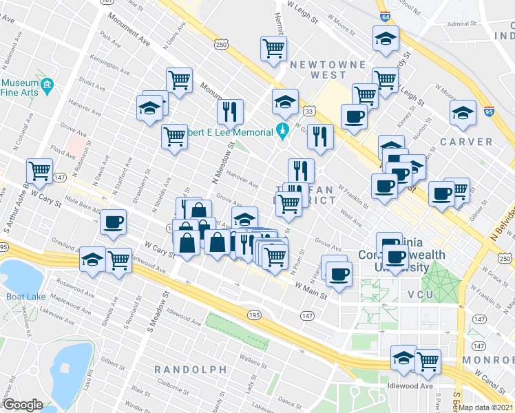 map of restaurants, bars, coffee shops, grocery stores, and more near 203 North Allen Avenue in Richmond