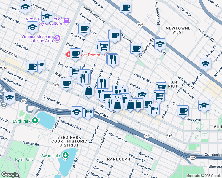 map of restaurants, bars, coffee shops, grocery stores, and more near in Richmond