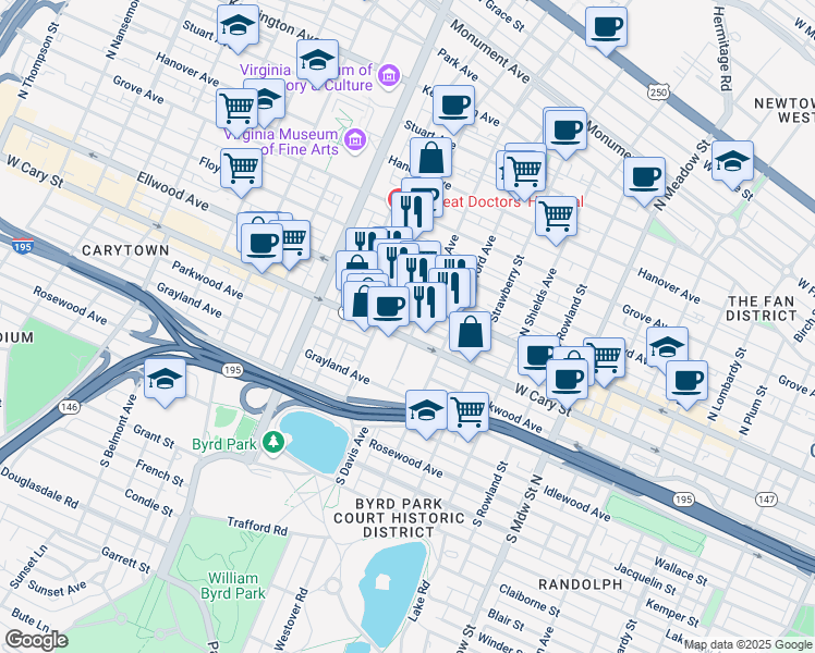 map of restaurants, bars, coffee shops, grocery stores, and more near 13 South Davis Avenue in Richmond