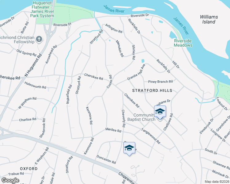 map of restaurants, bars, coffee shops, grocery stores, and more near 7805 Cherokee Road in Richmond