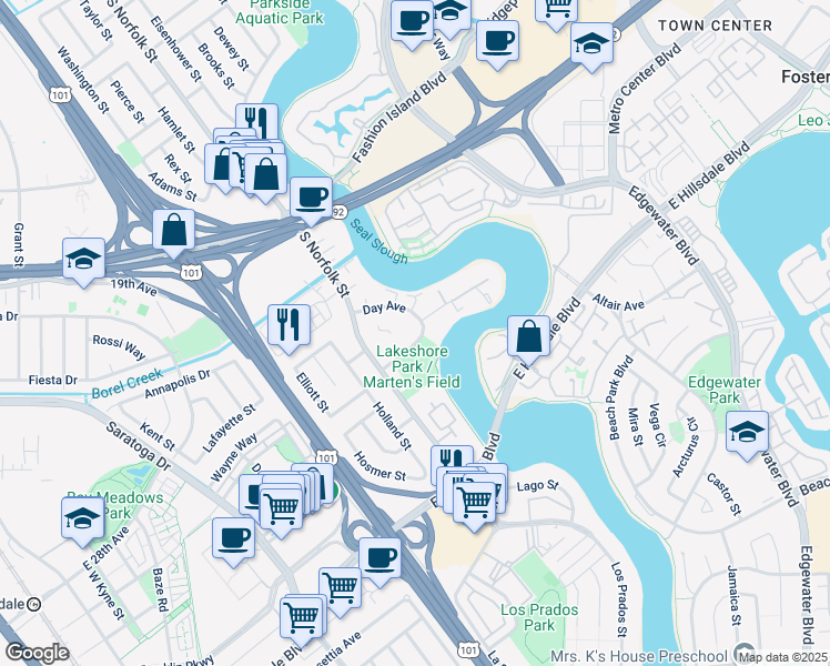 map of restaurants, bars, coffee shops, grocery stores, and more near in San Mateo