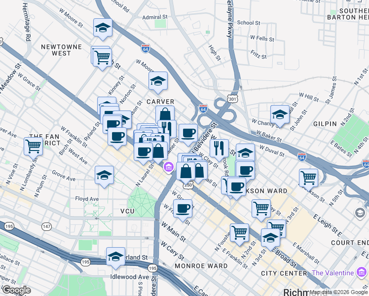 map of restaurants, bars, coffee shops, grocery stores, and more near 711 West Clay Street in Richmond