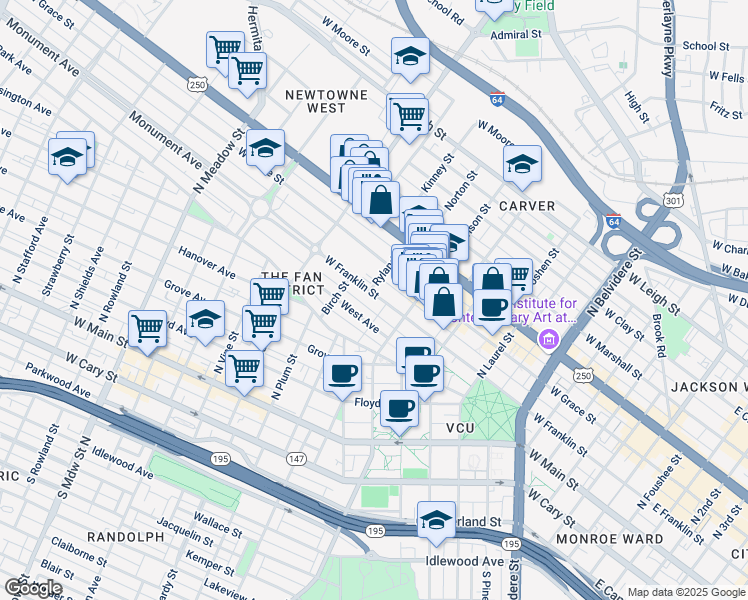 map of restaurants, bars, coffee shops, grocery stores, and more near 1121 West Franklin Street in Richmond