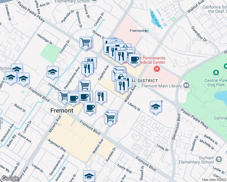 map of restaurants, bars, coffee shops, grocery stores, and more near 39200 Liberty Street in Fremont
