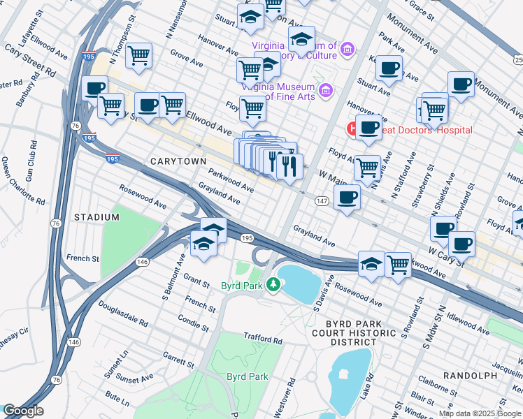 map of restaurants, bars, coffee shops, grocery stores, and more near 2902 Grayland Avenue in Richmond