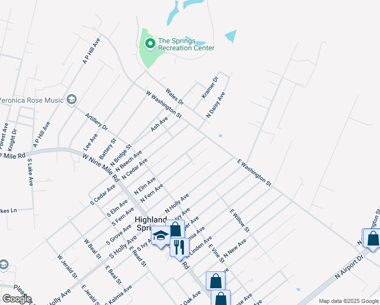 map of restaurants, bars, coffee shops, grocery stores, and more near 203 North Elm Avenue in Highland Springs