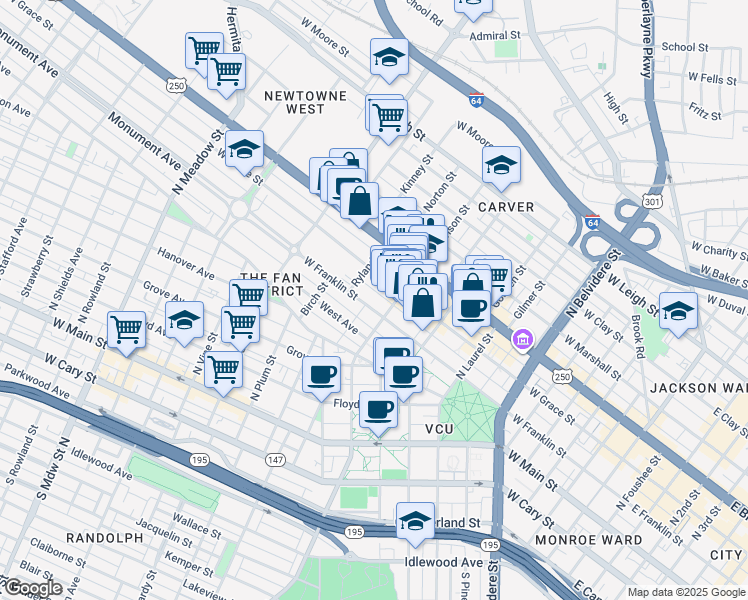 map of restaurants, bars, coffee shops, grocery stores, and more near 1011 West Grace Street in Richmond