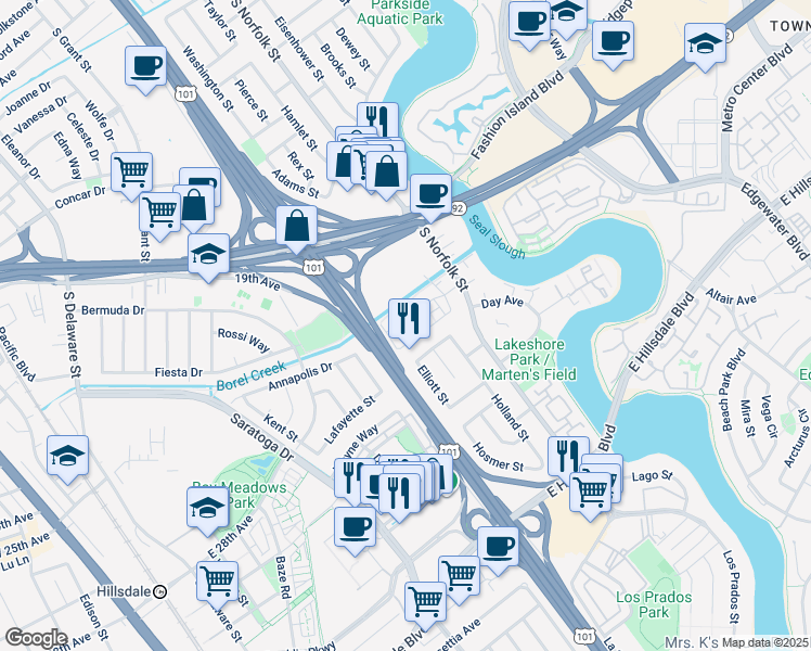 map of restaurants, bars, coffee shops, grocery stores, and more near 220 Waters Park Circle in San Mateo