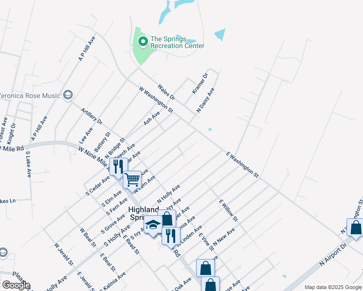 map of restaurants, bars, coffee shops, grocery stores, and more near 203 North Elm Avenue in Highland Springs