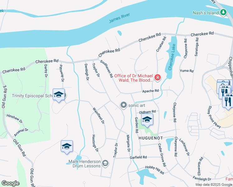map of restaurants, bars, coffee shops, grocery stores, and more near 4100 Southaven Road in Richmond