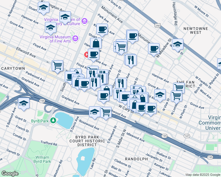 map of restaurants, bars, coffee shops, grocery stores, and more near 15 Strawberry Street in Richmond