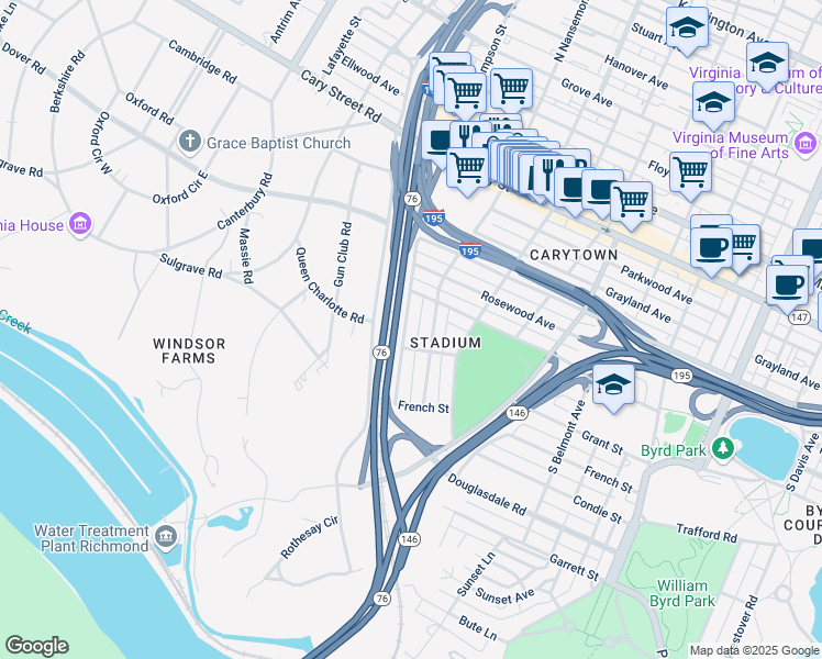 map of restaurants, bars, coffee shops, grocery stores, and more near 615 Rothesay Road in Richmond