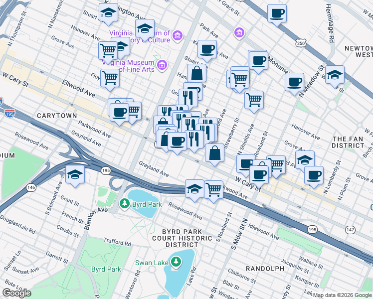 map of restaurants, bars, coffee shops, grocery stores, and more near 13 South Davis Avenue in Richmond