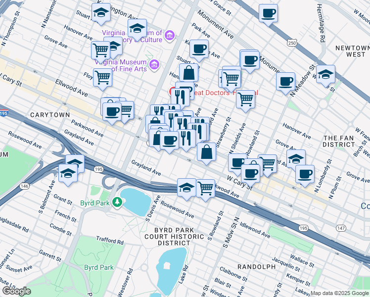 map of restaurants, bars, coffee shops, grocery stores, and more near 21 South Davis Avenue in Richmond