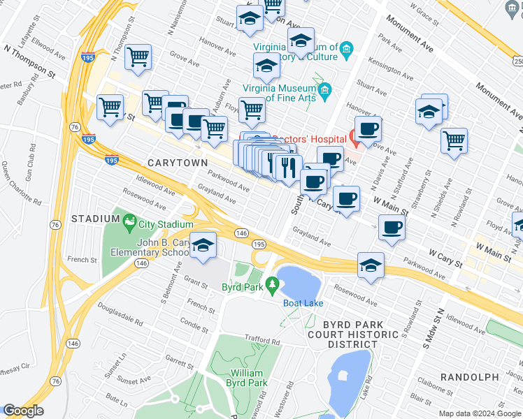 map of restaurants, bars, coffee shops, grocery stores, and more near 2902 Grayland Avenue in Richmond