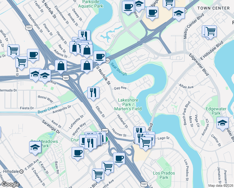 map of restaurants, bars, coffee shops, grocery stores, and more near 2327 South Norfolk Street in San Mateo