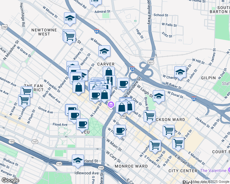 map of restaurants, bars, coffee shops, grocery stores, and more near 810 West Marshall Street in Richmond