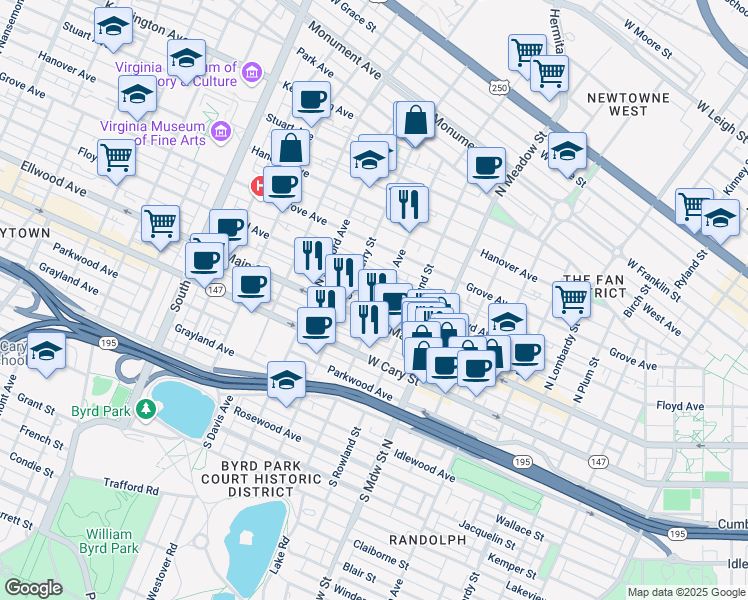 map of restaurants, bars, coffee shops, grocery stores, and more near in Richmond
